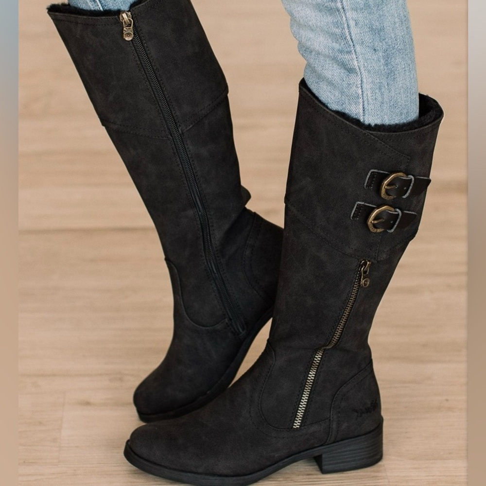 Blowfish Malibu Voss Black Shearling Fur Lining Heel Tall Boots Womens 6.5 NIB